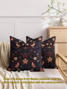 1 pieza/2 piezas Funda de almohada decorativa cuadrada, con patrón floral pastoril, adecuada para todas las estaciones, disponible en varios colores y tamaños, funda de almohada de tela jacquard multicolor de alta densidad, sin relleno de almohada, cierre con cremallera, aplicable para fiestas festivas, fundas de cojín de sofá, camas, salas de estar, oficinas, automóviles y como regalo. - pájaro negro - Ver 2