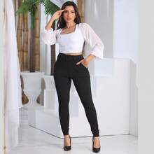 Kit 2 Women's Crepe Pants With Lined Belt Skinny High Waist Formal Pants - 黑與黑 - 查看 2