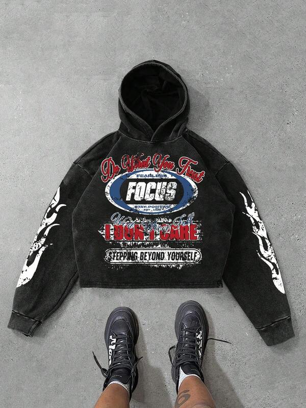 1pc Men's Vintage American Racing Element Print Hoodie Sweatshirt, Street Style Short Top, Suitable For Autumn/Winter