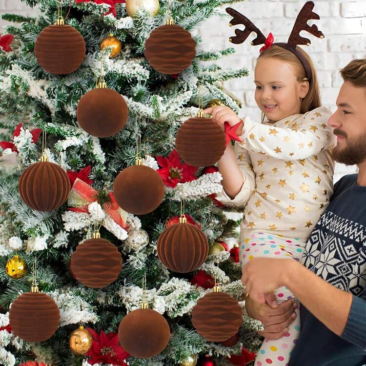 12件套棕色天鹅绒圣诞球装饰套装，防碎塑料植绒圣诞树球圣诞装饰品，节日派对装饰家居装饰圣诞装饰房间装饰冬季圣诞装饰家居圣诞礼物圣诞装饰品 - 彩色 - 查看 7