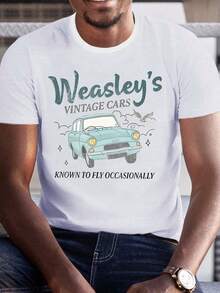 Warner Bros Harry Potter Vintage Car Cartoon Graphic Print Crew Neck Short Sleeve T-Shirt, Men's Casual Fashion T-Shirt, Slightly Stretchy, Opaque, Easy Care Fabric, Suitable For Daily Wear, Men's Short Sleeve T-Shirt, Suitable For All Seasons