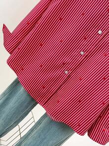 Women's Heart Print Polo Collar Striped Shirt - Casual Button Down Long Sleeve Blouse, Suitable For Spring, Summer, Autumn Daily Wear - Burgundy - View 5