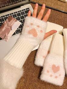1 Paar Mink-Fleece Weiche Winter Halbfinger Handschuhe für Damen, warm, luxuriös, einfarbig weiß, flauschig gestrickt, fingerlos, Handgelenkstulpen