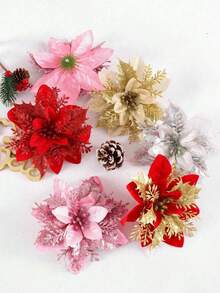 5/10 Pcs Poinsettia Artificial Christmas Flowers, Christmas Tree Decorations, Shiny Simulated Poinsettia Flowers, Home Decoration, Outdoor Decorations, 2026 New Year Ornaments, Red/Gold/Red Gold/Silver/Pink Glitter Artificial Flowers Christmas Home Decoration. - Multicolor - View 3