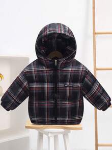 秋冬新款黑色格子连帽保暖羽绒服，卡通加厚派克大衣 - 彩色 - 查看 4