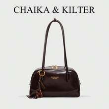 CHAIKA & KILTER 1 件纯色亮面 PU 面料单肩包，女士时尚大容量保龄球包，双手柄设计带拉链开合，适合日常和户外使用（与吊坠一起出售） - 咖啡 - 查看 10
