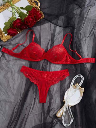 Women's Solid Color Lace Spaghetti Strap Sexy Lingerie Set