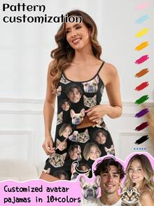 Printstory Customized Plus Size Women's Camisole Pajama Set, Can Print Any Pattern, Suitable As A Gift For Family And Friends And For Holiday Party Wear - Black - View 1