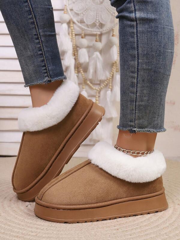 Autumn/Winter Fashion Casual Solid Color Plush Lining Patchwork Slip-On Slippers, Thick Sole Warm Boots For Women, Suitable For Classroom, Halloween, Home, Office, Commute