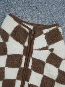 Ins Style Checkerboard Fleece Vest For Women, Cropped Sleeveless Jacket, Retro Square Grid Pattern Loose Waistcoat, Autumn/Winter - Chocolate Brown - View 7