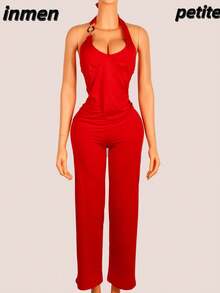 Inmen 娇小夏季节日两件套女士套装露背红色上衣搭配长裤俱乐部服装女士性感 - 紅色 - 查看 2