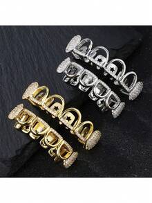 1 szt./2 szt. w stylu hip-hopowym, wydrążone zęby wampira, inkrustowane błyszczącą cyrkonią, platerowane 18-karatowym złotem, akcesoria na Halloween, świąteczne, uliczne, w zestawie pęseta i wosk dentystyczny, wydrążone aparaty ortodontyczne w stylu hip-hopowym, inkrustowane cyrkonią 5A, zęby zombie odgrywają rolę akcesoriów do aparatów ortodontycznych w stylu rap.