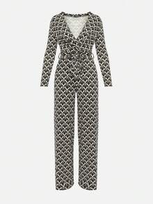 Mono con estampado, cuello en triángulo y cinturón en la cintura - Negro - Ver 6