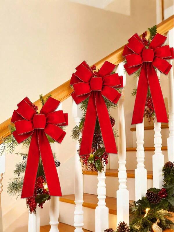 2 piezas - Lazo rojo navideño con felpa, lazo grande de navidad de 12"X20", lazos rojos de navidad para decoraciones exteriores, lazo de corona de terciopelo grande con cuerda brillante y borde dorado para decorar el árbol de navidad, la puerta principal del hogar, decoración del árbol de navidad