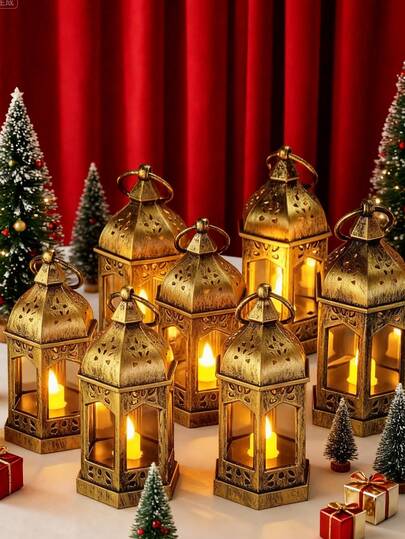 4pcs-Vintage Brown Mini Lanterns With LED, Portable Hanging Hexagonal Wind Lantern Candle Lantern (With Battery), Suitable For Home Decor, Bedroom Decor,Room Wall Hanging Decor Light,Wedding Party Holiday Decorations Light,Festival, Party,Religious Scene Layout Decoration,Home Decor Mini Lantern Light Christmas Wedding Table Centerpieces