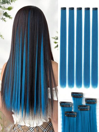 5 piezas de extensiones de cabello con pinzas azules, pelucas de fibra sintética para mujeres, que se pueden combinar con varios estilos de cabello sin ir a la peluquería, adecuadas para uso diario y fiestas