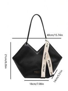 New Fashion Versatile Color Block Design, Grooved Design, Large Capacity Dual Handle Shoulder Tote Bag, Suitable For Travel, Shopping, Commuting, Decorated With Scarf Pattern, Elegant Women's Wallet, Business Commuter Wallet - Black - View 7