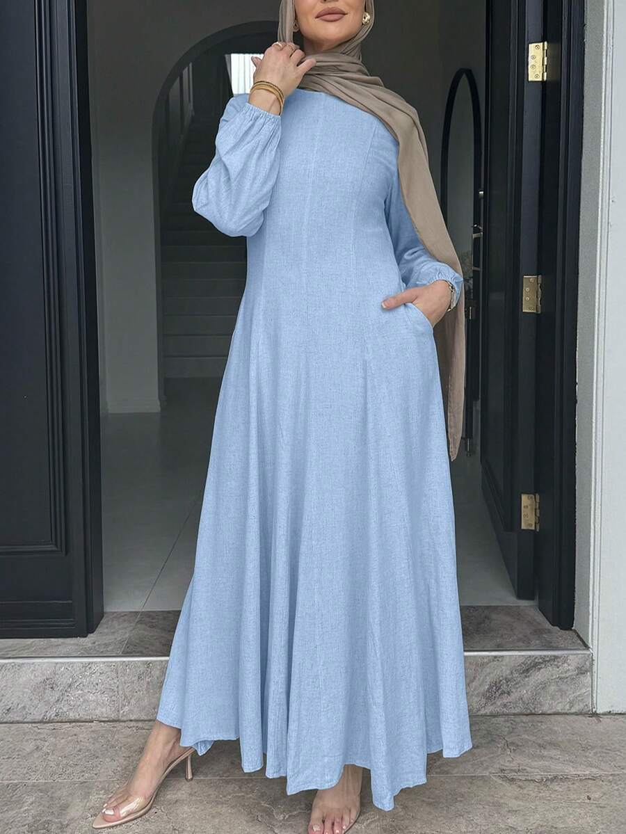 Elegant Solid Color Waist Cinched Long Dress For Commuting - Baby Blue - View 1
