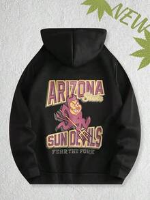 Sudadera informal de poliéster para hombre con estampado de los Arizona Sun Devils. Tejido de punto ligeramente elástico, corte regular con cordón y bolsillo. Ideal para todo tipo de clima. Sudadera de otoño, ropa de otoño para hombre, ropa de calle, Halloween, ropa Y2K, sudadera con capucha de Jesús, Día de Acción de Gracias, Pesadilla antes de Navidad, Navidad. - Negro - Ver 1