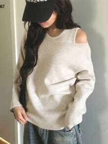 2 件套舒适百搭纯色长袖套头衫 + 纯色背心，2025 年秋冬 - 米色 - 查看 5