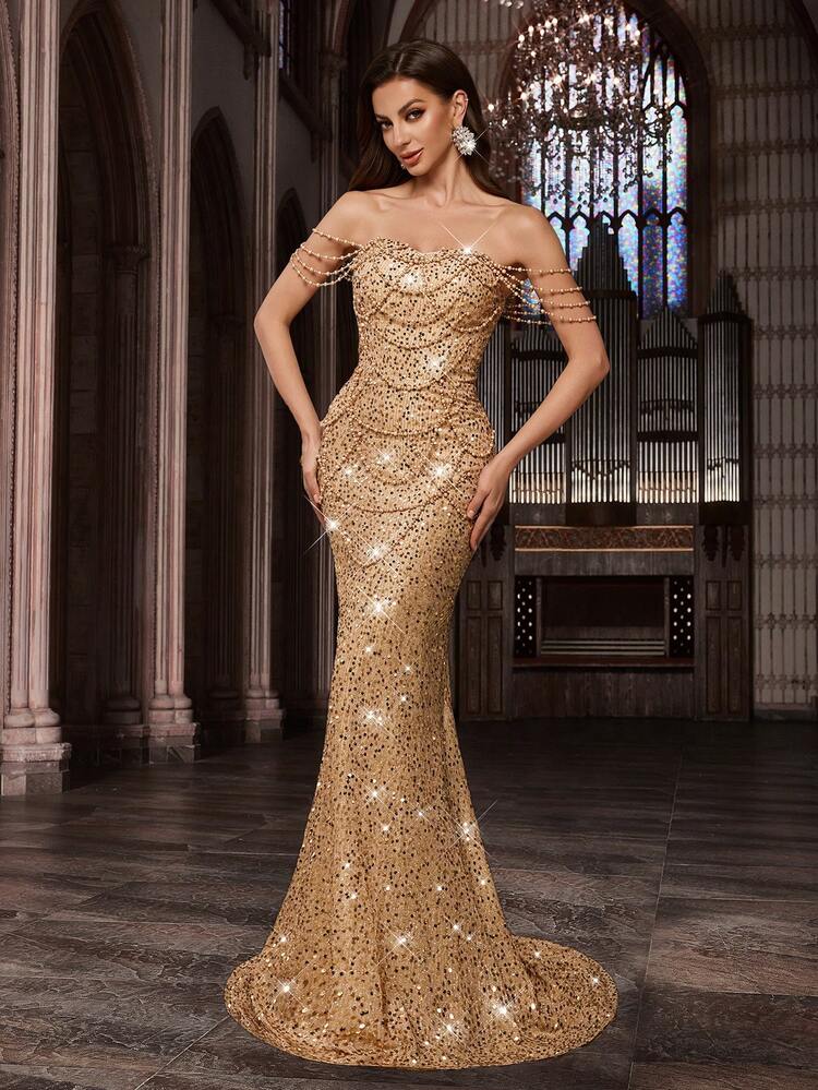 Glamorous Sequin Party Formal Dress, Shiny Beaded Women's Evening Gown, Suitable For Charity Ball, Birthday Party, Gala Dinner, Cocktail Party, Etc., Solid Color Backless Mermaid Hem Dress Wedding Spring - Champagne - View 1