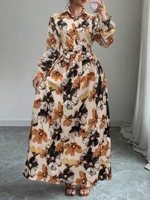 New Autumn Floral & Plant Print Elegant Casual Front Button Belted Dress, Suitable For Halloween, Christmas, Daily Wear, Vacation, Party, Date, Afternoon Tea, Holiday Occasions - Multicolor - View 7