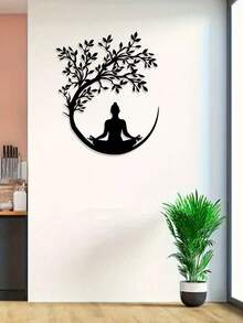 1 Stück Lebensbaum und Buddha Metallwanddekoration, Yoga Pose Blumenmuster, einfache Zen Dekoration, für Wohnzimmer, Geschäftslobby, Aufhängedekoration, Fitnessstudio, Yogastudio, geeignet für Umzug in neues Zuhause, Weihnachten, Frühlingsfest, Halloween, ideales buddhistisches Geschenk für Mönche und Praktizierende