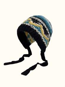 1 件复古北欧花卉图案耳暖针织帽，可系成可爱的蝴蝶结，保暖防寒性能极佳，复古费尔岛针织拉法帽，适合女士雪天和户外活动，秋冬季