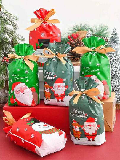 10/20/30件随机圣诞束带礼品袋，带丝带的包装袋，专为雪人、老人和驯鹿设计，圣诞礼物零食袋，圣诞包装袋，适用于生日和节日派对、迎婴派对、派对装饰