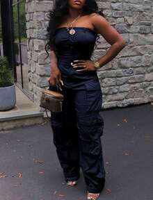 Sweet And Cool Fashion Women's Y2K Style Workwear Jumpsuit, Denim Jumpsuit, Denim Workwear, Mid Waist Non Elastic, Waist Cinching And Hip Lifting, Loose And Slimming, Suitable For All Seasons, Paired With Multi Pocket Design,  And Cool, Suitable For Back To School Season, Hot Girls, Work, Outdoor Work, Outdoor Activities, Travel, Streets, Nightclubs, Parties, Fashion Shows - 藏蓝色 - 查看 1