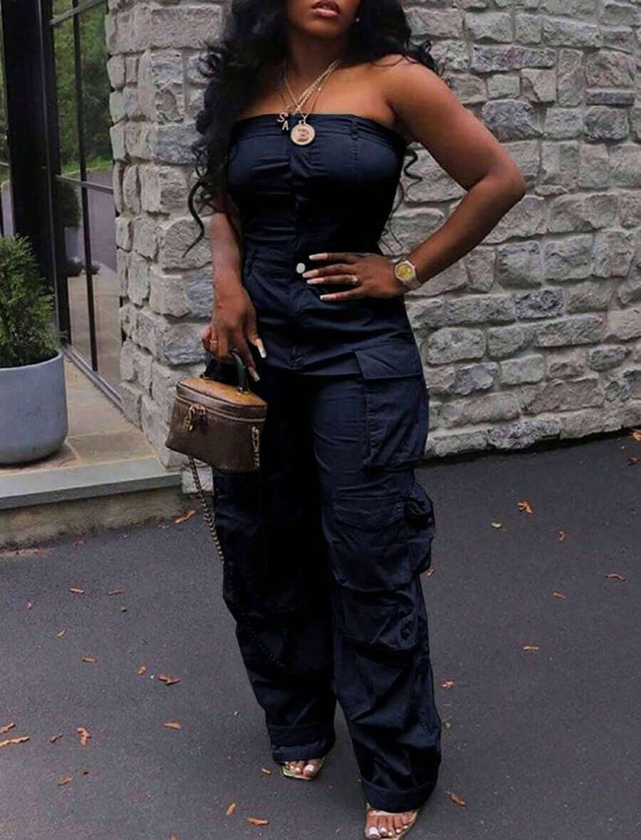 Sweet And Cool Fashion Women's Y2K Style Workwear Jumpsuit, Denim Jumpsuit, Denim Workwear, Mid Waist Non Elastic, Waist Cinching And Hip Lifting, Loose And Slimming, Suitable For All Seasons, Paired With Multi Pocket Design, And Cool, Suitable For Back To School Season, Hot Girls, Work, Outdoor Work, Outdoor Activities, Travel, Streets, Nightclubs, Parties, Fashion Shows - 藏蓝色 - 查看 1
