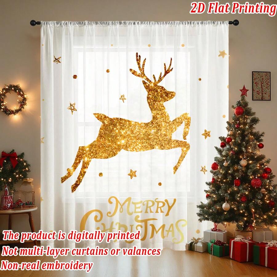1pc Shiny Rhinestone "Merry Christmas" Star & Reindeer Pattern Christmas Decorative Sheer Curtain, Fade-Resistant, High-Quality Voile, Anti-Snagging, Wrinkle-Resistant, Soft & Smooth, Washable, Semi-Transparent, For Living Room, Bedroom, Kitchen, Christmas Party Decor
