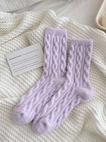 1 Đôi tất đi trong nhà mềm mại, dày dặn, màu trơn, ấm áp, dài đến bắp chân, mùa thu/đông dành cho nữ - trắng - Xem 14