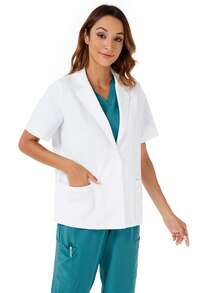 cimmuovere Simple Solid Color Flat Collar Double Pocket Short Sleeve Laboratory Coat/White Coat - White - View 7