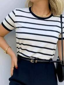 Babe Look Striped Round Neck Basic T-Shirt Premium  Summer Fashion - Black - View 5