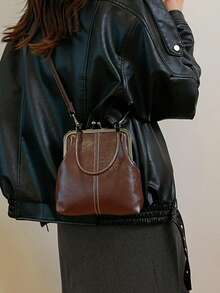 1个复古仿皮斜挎包，女士复古风吻锁迷你手提包，配有可调节肩带，纯色轻便都市手提包，涤纶衬里，男女通用 - 咖啡 - 查看 7