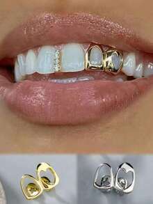 1pc Hollow Gold-Tone Side Tooth Decor, Double Hollow Heart Shaped Teeth Decoration, Punk Style, Suitable For Daily Wear, Music Festivals, Parties, Holidays, Couples Gift, Tooth Gems, Tooth Jewelry, Tooth Gem Set, Women Grillz - Multicolor - View 11
