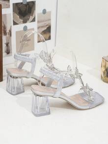 女童透明水钻蝴蝶凉鞋，透明粗跟配银色踝带 - 銀色 - 查看 3