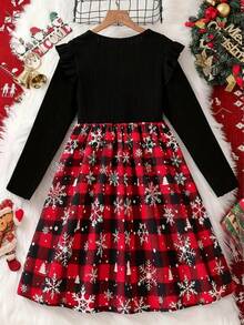 1 件女童圣诞休闲荷叶边袖圆领及膝针织连衣裙，带雪花格子图案，涤纶面料，青年节日装 - 紅色 - 查看 3