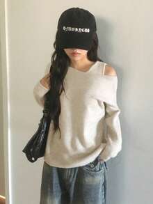 2 件套舒适百搭纯色长袖套头衫 + 纯色背心，2025 年秋冬 - 米色 - 查看 4