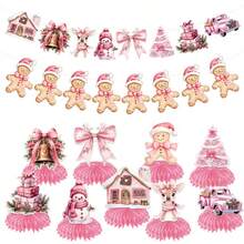 9-Piece Set Of 3D Pink Santa Claus And Gingerbread Man Honeycomb Ornaments - Super Cute, Snowman, Santa Claus, Reindeer, Christmas Tree Shaped Ornaments - Universal Table Decorations For Christmas, Holidays, And Birthday Parties