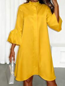 Đầm dài vừa phải, cổ đứng, tay đèn lồng, màu trơn, giản dị, thanh lịch, ngọt ngào, nhẹ nhàng dành cho nữ mùa hè - Màu vàng - Xem 3