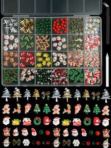 1盒随机混合ABS卡通圣诞美甲饰品，3D圣诞老人、圣诞树、雪人、铃铛、可爱圣诞蝴蝶结花环，镶嵌红色和绿色水钻，美甲配件DIY美甲 - 彩色 - 查看 2