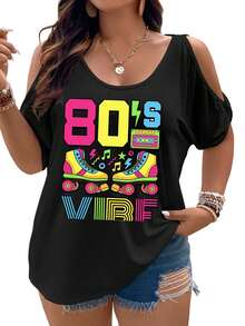 80s Vibe Roller Skates And Cassette Tape ArtworkWomen Cold Shoulder Tops Summer Short Sleeve Shirt Plus Size - 黑色 - 查看 1