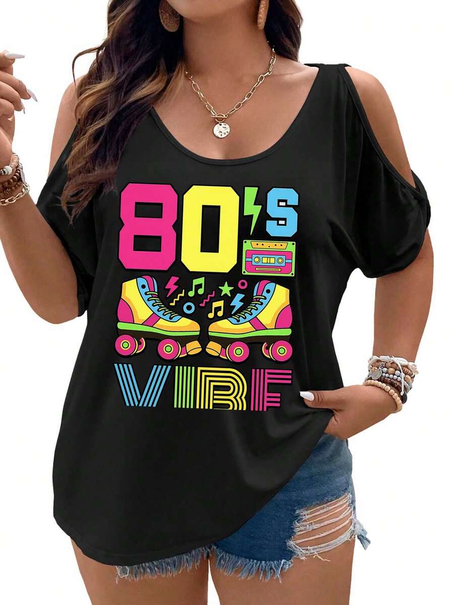 80s Vibe Roller Skates And Cassette Tape ArtworkWomen Cold Shoulder Tops Summer Short Sleeve Shirt Plus Size - 黑色 - 查看 1