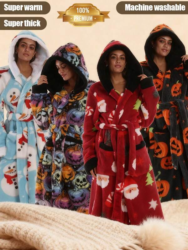 1 套超暖超大加长柔软不脱落毛绒羊毛连帽毛毯长袍 - 4 种圣诞节和万圣节节日风格（雪人、圣诞老人、南瓜、骷髅）可机洗易于护理的舒适浴袍，适合节日家庭聚会、室内放松、淋浴后舒适、睡前放松、壁炉旁的早晨咖啡和寒冷的冬日差事