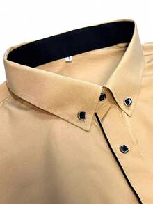 Men's Contrast Trim Long Sleeve Formal Shirt, Khaki With Black - Khaki - View 5