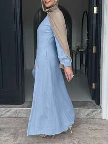 Elegant Solid Color Waist Cinched Long Dress For Commuting - Baby Blue - View 3
