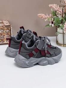 Spring & Autumn New Kids Sports Shoes, Girls Comfortable Lightweight Hook And Loop Casual Chunky Sneakers, Boys Fashion Versatile Running Sneakers - Grey - View 6
