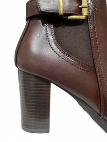 KESCA Boots Stivaletti bassi da donna, stivaletti autunno-inverno da donna con plateau - Tacco alto e spesso, design  con cerniera interna, elastico e fibbia - Castano - Visualizzare 7